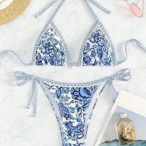 Women's Floral Print Triangle Halter Bikini Bathing Suit Size M